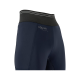 Nahaufnahme von marineblauen Reitleggings mit einem schwarzen Bund, mit dem Logo "EQUIVA" auf der Vorderseite.
