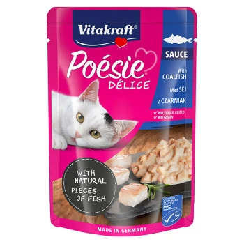 Beutel mit Vitakraft Poésie Délice Katzenfutter in Sauce, mit dem Gesicht einer Katze, mit dem Text "mit Köhlerfisch" und "ohne Zuckerzusatz."
