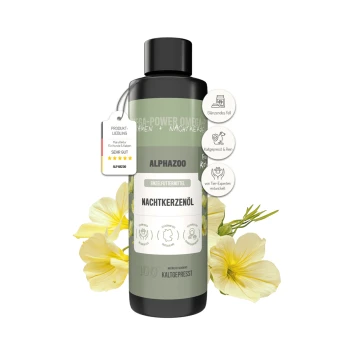 Flasche Alphazoo Nachtkerzenöl kaltgepresstes Öl für Haustiere mit gelben Nachtkerzenblüten und Produktanhängern.