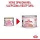 Dwie puszki karmy dla kotów Royal Canin "Mother & Babycat": po lewej dla 1. wieku, po prawej dla 1-4 miesięcy. Tekst brzmi "NOWE OPAKOWANIA, ULEPSZONA RECEPTURA."