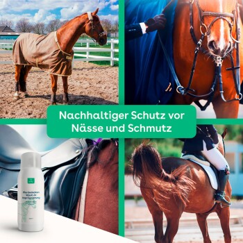 Pferd in einem Stall mit einer Decke, mit einer Flasche, die "Pferdedecken Wash-In Imprägnierung" beschriftet ist, und Text über Feuchtigkeitsschutz.