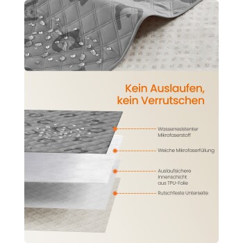 Wasserfeste Haustiermatte mit gestepptem Design, mit Tropfen auf der Oberfläche; der Text hebt hervor, dass es kein Auslaufen oder Rutschen gibt.