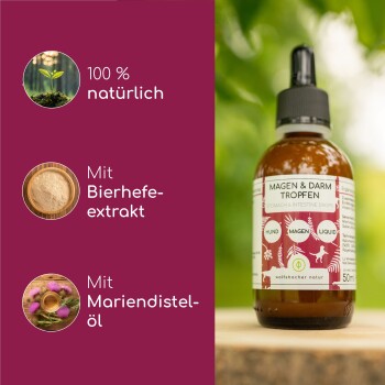 Flasche mit "Magen & Darm Tropfen" für Hunde, mit natürlichen Inhaltsstoffen wie Bierhefe-Extrakt und Mariendistelöl.