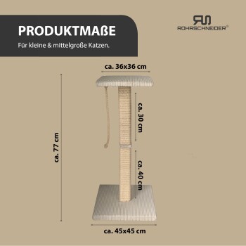 Katzenkratzbaum mit den Abmessungen: 77 cm Höhe, 36x36 cm oben, 45x45 cm Basis, geeignet für kleine bis mittelgroße Katzen.