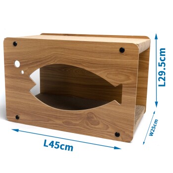 Holzkatzenhaus mit einem fischförmigen Ausschnitt, Abmessungen L45cm x B25cm x H29,5cm, mit einer strukturierten Kratzfläche im Inneren.