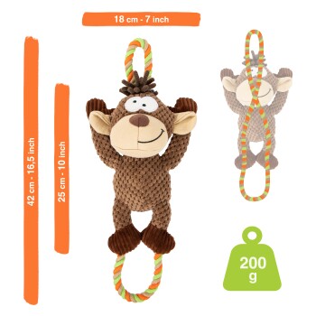 Ein plüschiges Affenhundespielzeug mit einem Seil, das 18 cm (7 Zoll) hoch, 42 cm (16,5 Zoll) lang und 25 cm (10 Zoll) breit ist und 200 g wiegt.
