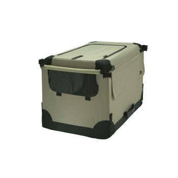 Eine beige Haustierbox mit einem Netzfenster und einer oberen Öffnung, mit schwarzen Akzenten und einem Griff für einfachen Transport.