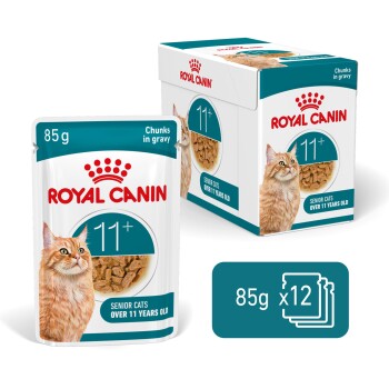 Royal Canin 11+ Senior Katzenfutterbeutel und -box, Stücke in Soße, für Katzen über 11 Jahre, 85g x12 Packungen.
