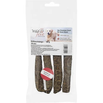 Premium-Hundesnackverpackung mit drei Wildfleischstangen, gekennzeichnet mit '100% Natur' und 'Qualität aus Österreich.'