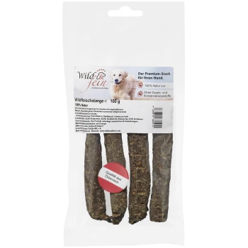 Emballage de friandises pour chiens premium présentant trois bâtons de viande sauvage, étiquetés '100% Natur' et 'Qualität aus Österreich.'