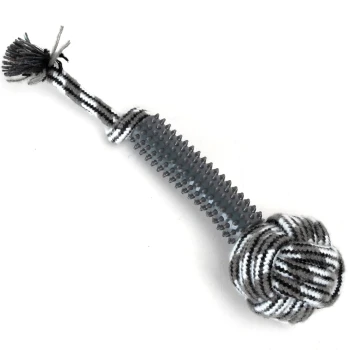 Ein strapazierfähiges Hundespielzeug zum Kauen mit einem stacheligen Gummizentrum und einem geknoteten Stoffende, entworfen für interaktives Spielen.