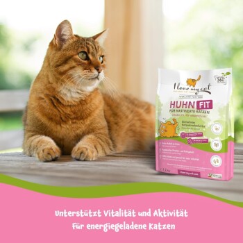 Eine getigerte Katze sitzt neben einem Beutel mit "Ich liebe meine Katze" Hühnerfutter, beschriftet mit "Huhn Fit für kastrierte Katzen", das Vitalität für energiegeladene Katzen fördert.