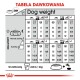 Tabela karmienia dla psów zatytułowana 'Tabela Dawkowania', szczegółowo opisująca porcje jedzenia w zależności od wagi psa i poziomu aktywności, z miarami w gramach i filiżankach.