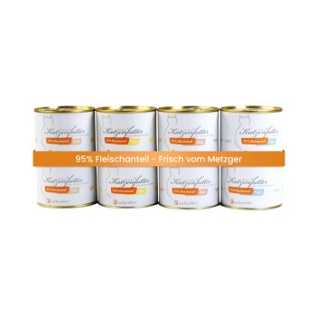 Stapel Lucky-Kitty Katzenfutterdosen mit orangefarbener Banneraufschrift '95% Fleischanteil – Frisch vom Metzger'.