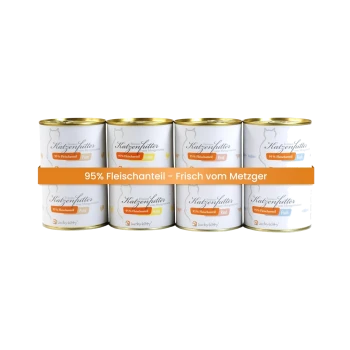 Stapel Lucky-Kitty Katzenfutterdosen mit orangefarbener Banneraufschrift '95% Fleischanteil – Frisch vom Metzger'.