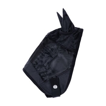 Schwarzer Haustier-Hoodie mit spitzen Ohren, mit einem weichen Innenfutter und einem verstellbaren Riemen, entworfen für kleine bis mittelgroße Hunde.