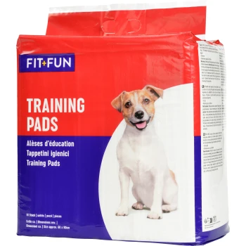 FIT+FUN Trainingsunterlagen für Hunde, 50 Stück, Größe ca. 60 x 90 cm, mehrsprachiger Text auf roter und blauer Verpackung.