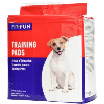 Coussins d'entraînement FIT+FUN pour chiens, 50 pièces, taille env. 60 x 90 cm, texte multilingue sur emballage rouge et bleu.