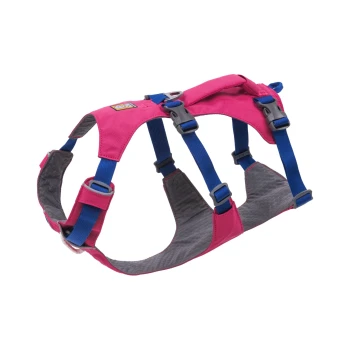 Rosa Hundegeschirr mit blauen Riemen und grauer Polsterung, mit verstellbaren Schnallen für einen sicheren Sitz.