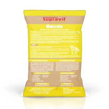Rückseite des Supravit Maiscobs Pferdefuttersacks mit Fütterungsanleitung und Nährwertangaben auf Deutsch und Englisch.
