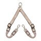 Beige doppelte Bungee‑Hundekoppler‑Leine mit Schwenk‑O‑Ring, zwei Metall‑Schnapphaken, Eichhörnchen‑Logo‑Patches und mittigem Etikett mit weißem Text.