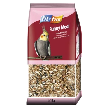 Eine 1 kg Tüte Fit + Fun Funny Meal Vogelfutter, mit einem Nymphensittich auf der Vorderseite, mit Text auf Deutsch und Französisch, der angibt, dass es für große Sittiche geeignet ist.