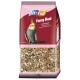 A 1 kg bag of Fit + Fun Funny Meal bird feed, featuring a cockatiel on the front, with text in German and French indicating it's for large parakeets.