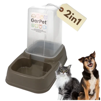 GarPet 2in1 brauner Futter- und Wasserspender mit klarem Vorratsbehälter, Anhänger '2in1', gezeigt mit Katze und Hund.