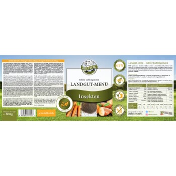 Etikett für Bellfor Landgut-Menü Insekten, ein vollständiges Hundefutter mit 61% Insektenprotein, mit Nährwertangaben und Zutaten.