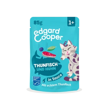 Edgard Cooper 85 g Katzenfutter-Beutel, türkis, Aufschrift 'Thunfisch und Huhn in Sauce', illustrierte Katze auf der Packung, '1+'-Label.