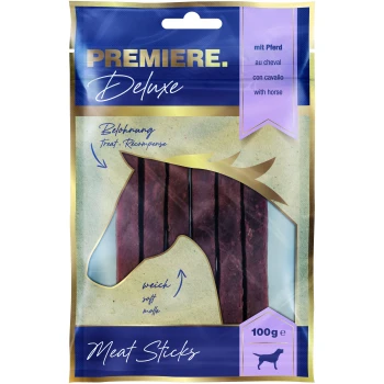 Deluxe Meat Sticks Pferd 100g Verpackung für PREMIERE. Deluxe Fleischsticks, mit einem Pferdesilhouette, mit Text, der "mit Pferd", "weich" und "100g" angibt.