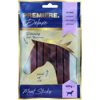 Verpackung für PREMIERE. Deluxe Fleischsticks, mit einem Pferdesilhouette, mit Text, der "mit Pferd", "weich" und "100g" angibt.