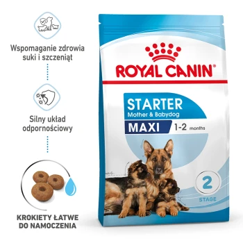 MAXI Starter 15 kg Karma dla psów Royal Canin Starter Maxi dla matek i szczeniąt, odpowiednia dla 1-2 miesięcy, z łatwymi do namoczenia krokietami i ikonami wsparcia zdrowia.