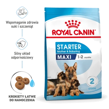 Karma dla psów Royal Canin Starter Maxi dla matek i szczeniąt, odpowiednia dla 1-2 miesięcy, z łatwymi do namoczenia krokietami i ikonami wsparcia zdrowia.