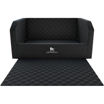 Schwarzes, gestepptes Haustiersofa mit einer abnehmbaren Matte, mit dem Logo "KNUFFELWUFFF" auf der Vorderseite.