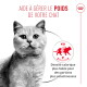 Chat gris à côté d'une icône de contrôle du poids et texte en français : « AIDE À GÉRER LE POIDS DE VOTRE CHAT » et « Densité calorique... ».