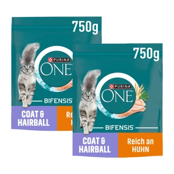 Zwei 750g Purina ONE Bifensis Katzenfutterbeutel für Fell- und Haarballenpflege mit Hähnchengeschmack, mit einer grau getigerten Katze.