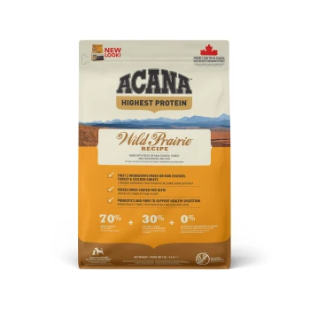 Sac de nourriture pour animaux de compagnie ACANA Wild Prairie Recipe avec étiquette "Protéines les plus élevées" ; 70% d'ingrédients d'origine animale, 30% de légumes, sans conservateurs artificiels.