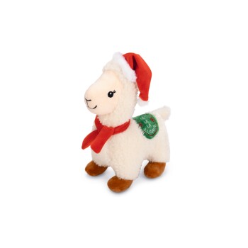 Pluchen lama speelgoed met een rode kerstmanmuts en sjaal met een groene patch met de tekst "Fa La La Llama" op zijn rug.