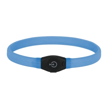 Blaues Silikon-LED-Halsband mit schwarzer Schnalle, die ein Power-Symbol und einen kleinen Knopf hat