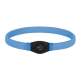 Blaues Silikon-LED-Halsband mit schwarzer Schnalle, die ein Power-Symbol und einen kleinen Knopf hat