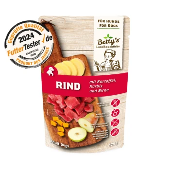 Frischebeutel Rind & Kartoffel 10x125 g "Betty's Landhausküche" Hundetrockenfutterverpackung, 125g, getreidefrei, mit einer Proteinquelle, mit Rindfleisch, Kartoffeln, Kürbis und Birne. Ohne Konservierungsstoffe.