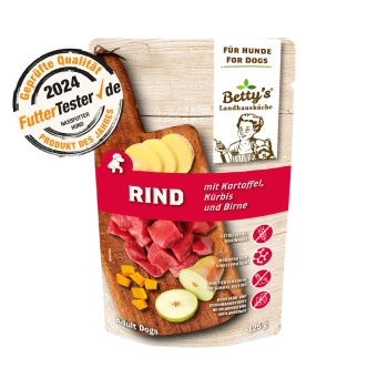 "Betty's Landhausküche" Hundetrockenfutterverpackung, 125g, getreidefrei, mit einer Proteinquelle, mit Rindfleisch, Kartoffeln, Kürbis und Birne. Ohne Konservierungsstoffe.