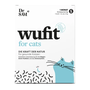 Verpackung für "wufit for cats" von Dr. SAM, die eine verspielte Katze zeigt und Text über natürliche Unterstützung der Verdauungs- und Immungesundheit.