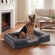 Deutscher Schäferhund sitzt auf einem großen, grauen orthopädischen Hundebett in einem gemütlichen Wohnzimmer neben Kamin und Sofa.