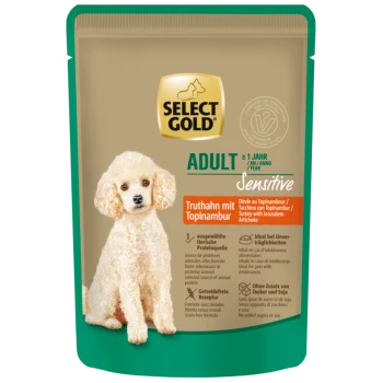 Select Gold Adult Sensitive Hundefutter mit Truthahn und Topinambur, getreidefrei, ohne Zuckerzusatz oder Soja, für Hunde ab 1 Jahr.