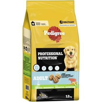 12 kg Pedigree Professional Nutrition Hundefutter Sack mit einem Golden Retriever, der natürliche Zutaten, Präbiotika und Superfoods präsentiert.