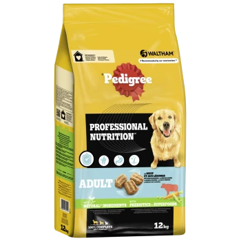 12 kg Pedigree Professional Nutrition Hundefutter Sack mit einem Golden Retriever, der natürliche Zutaten, Präbiotika und Superfoods präsentiert.