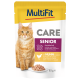 Sachet MultiFit CARE Senior nourriture pour chats montrant un chat orange, une icône de poulet et une assiette de poulet humide en sauce, 85 g.