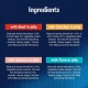 Ingredients list for pet food in jelly: Beef, Chicken, Salmon, and Tuna, detailing meat content and other components.